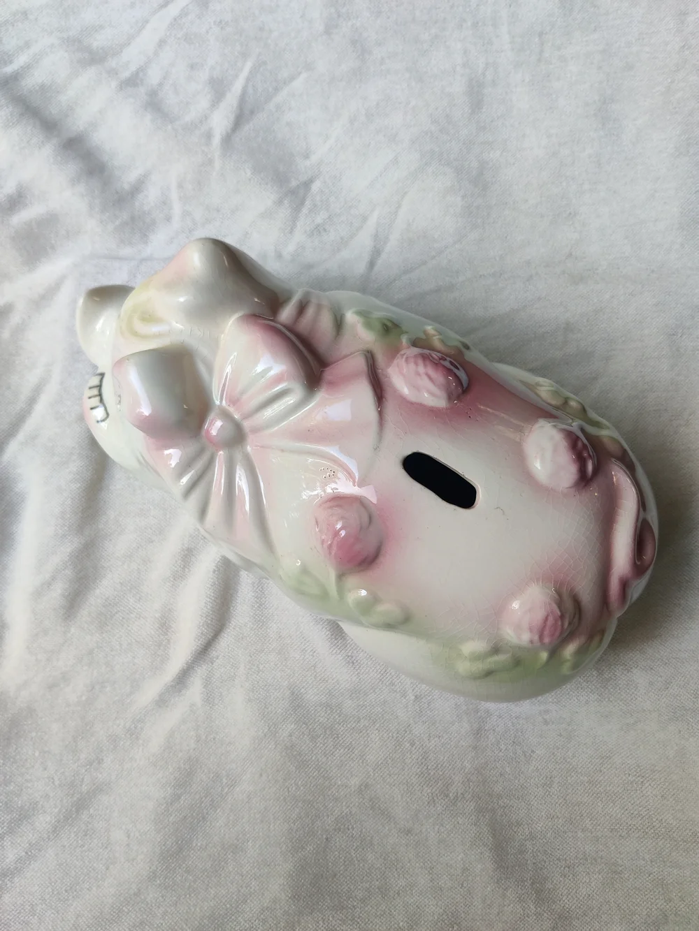 50s Large Piggy Bank Smiley Eyelashes Ribbon Lucky Shamrocks Clover Kitsch 7x13